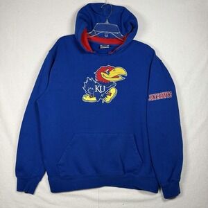 Kansas Jayhawks Mascot Logo Stadium Athletics Hoodie Pullover LG Y2K Cut Neck
